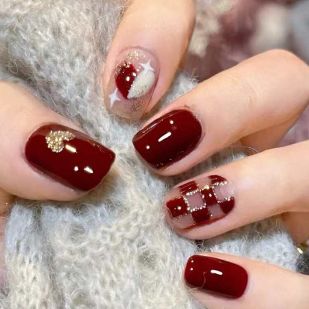 🌸3/$10) Press-on 24 pieces of fake nail piece Burgundy